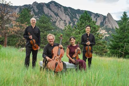A string quartet posing in front of a mountain range with their instruments.