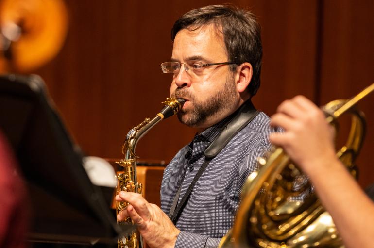 Grossman Ensemble members playing woodwind instruments
