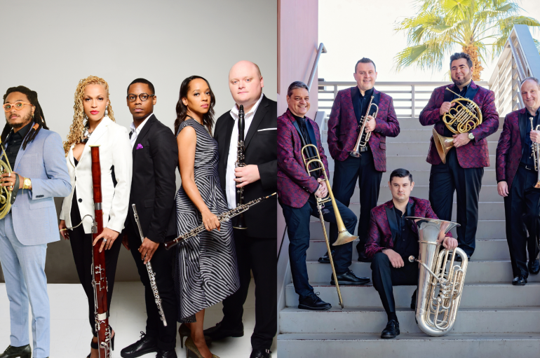 Two wind and brass ensembles posing together with a variety of musical instruments