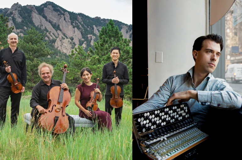 A string quartet sitting with their instruments in front of a mountain, and a man lounging, holding an accordion