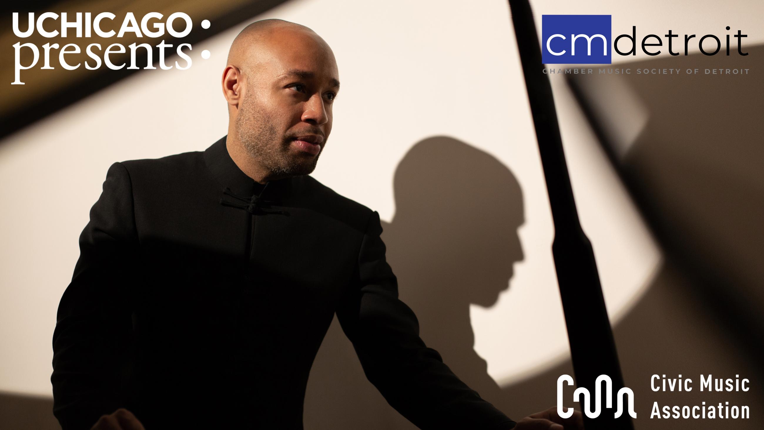 Aaron Diehl standing next to an open grand piano, overplayed with logos for UChicago Presents, Chamber Music Society of Detroit, and Civic Music Association of Des Moines