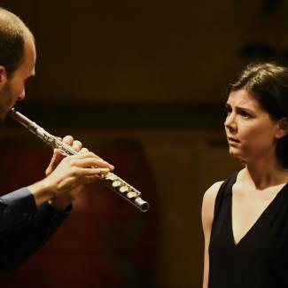 Lucy Fitz Gibbon faces flutist Francesco Camuglia as they perform Kate Soper's Only The Words