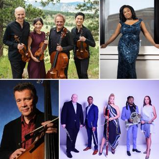 Classical Series Spotify image, featuring photos of Takacs Quartet, Michelle Cann, Edgar Meyer, and Imani Winds