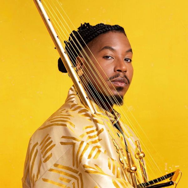 A man posing in front of a yellow background and holding a stringed instrument