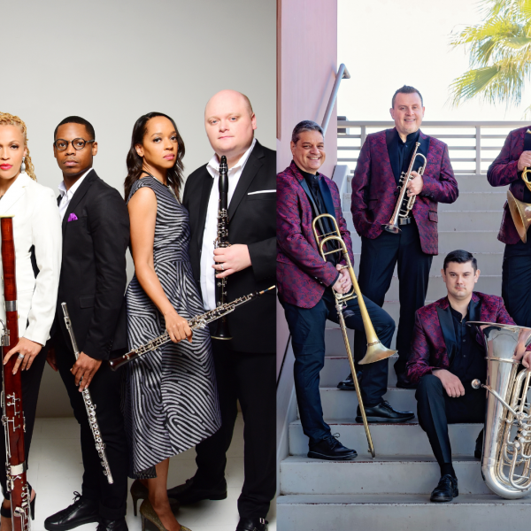 Two wind and brass ensembles posing together with a variety of musical instruments