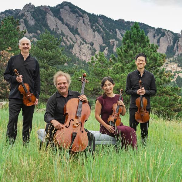 A string quartet posing in front of a mountain range with their instruments. 