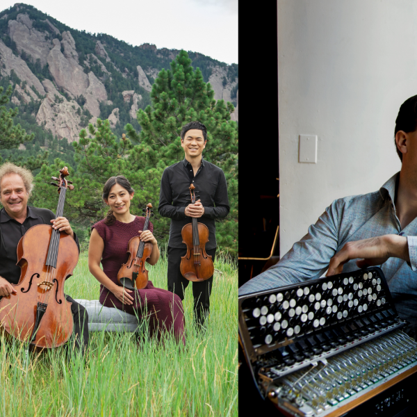 A string quartet sitting with their instruments in front of a mountain, and a man lounging, holding an accordion