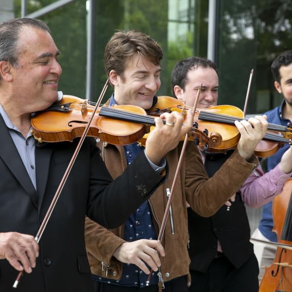 Four men standing in a line, playing stringed instruments.
